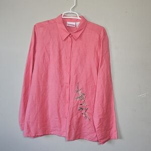 🩷🩵Worthington Linen/rayon  Coral Shirt‎ Flowers Embroidery Size 12🤎🩷